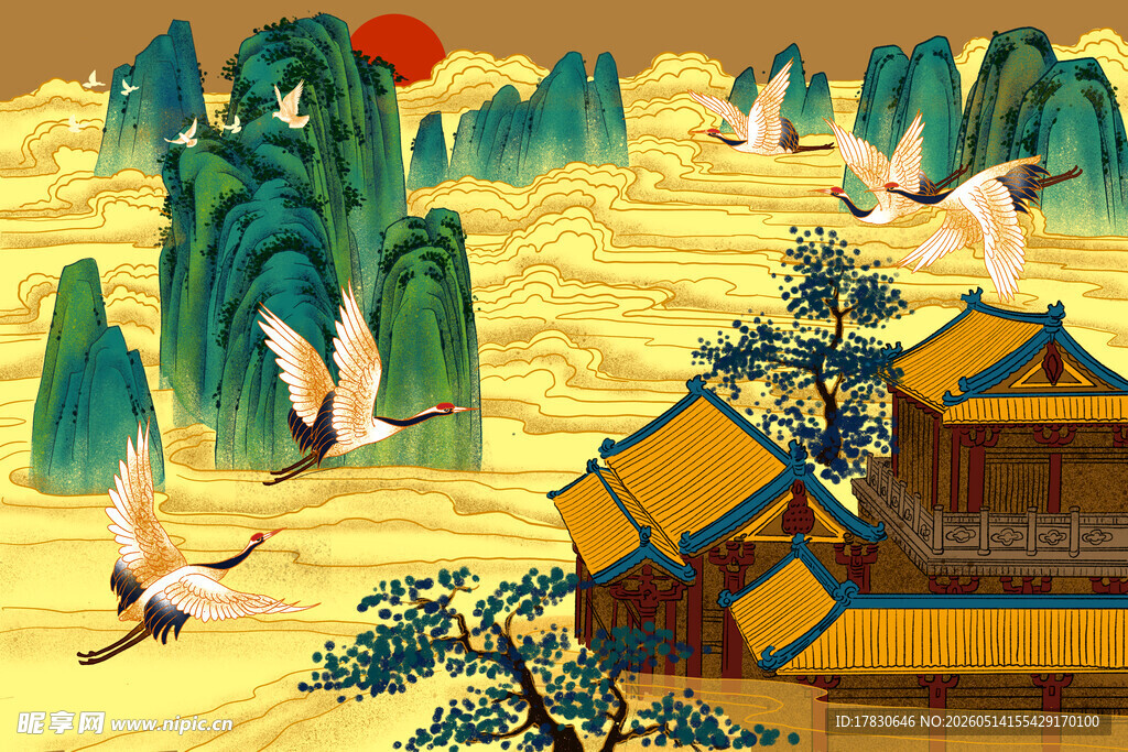 中式山水古建筑风景图