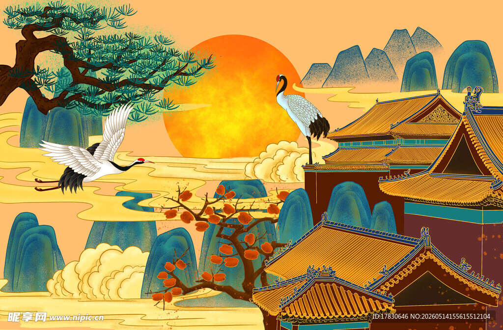 夕阳下的中式古建筑与仙鹤