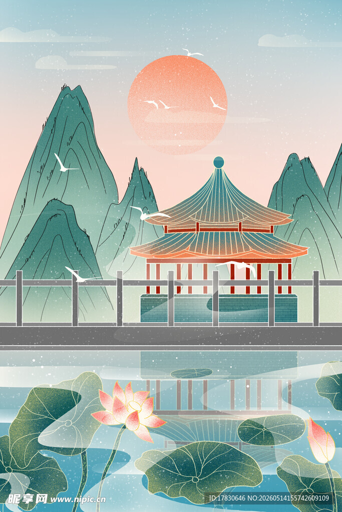 湖畔古亭映夕阳美景
