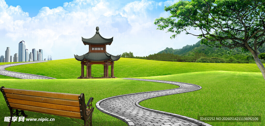 公园中式凉亭与长椅美景