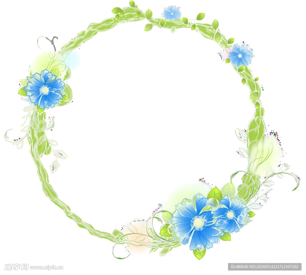 手绘蓝花绿叶花环图案