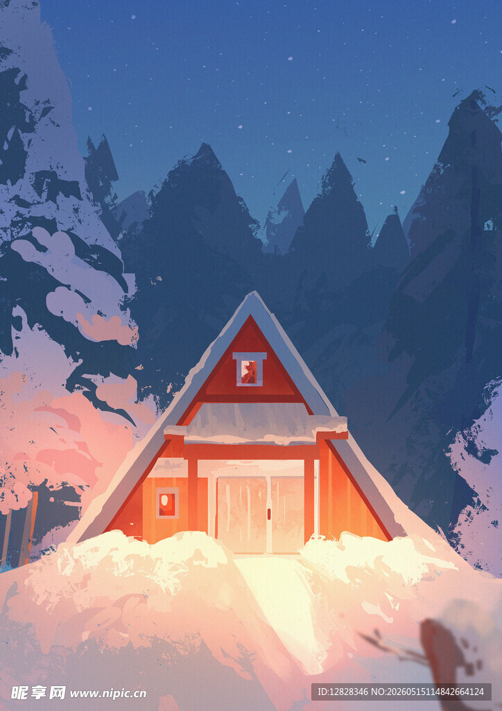雪夜中的温馨山间小木屋