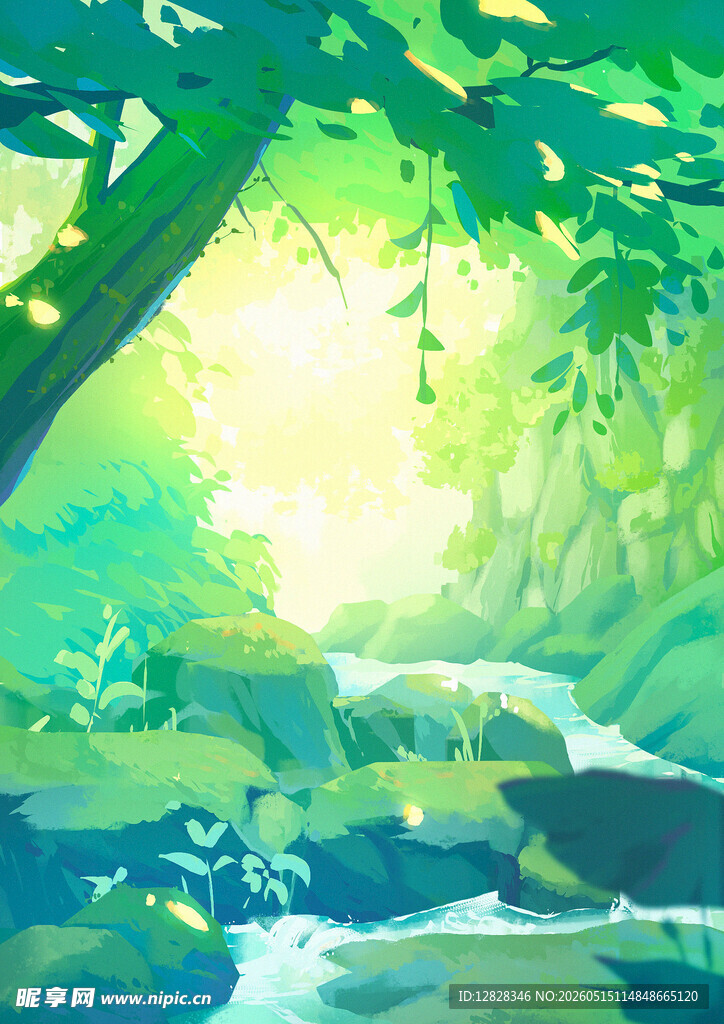 林间溪流阳光洒落美景