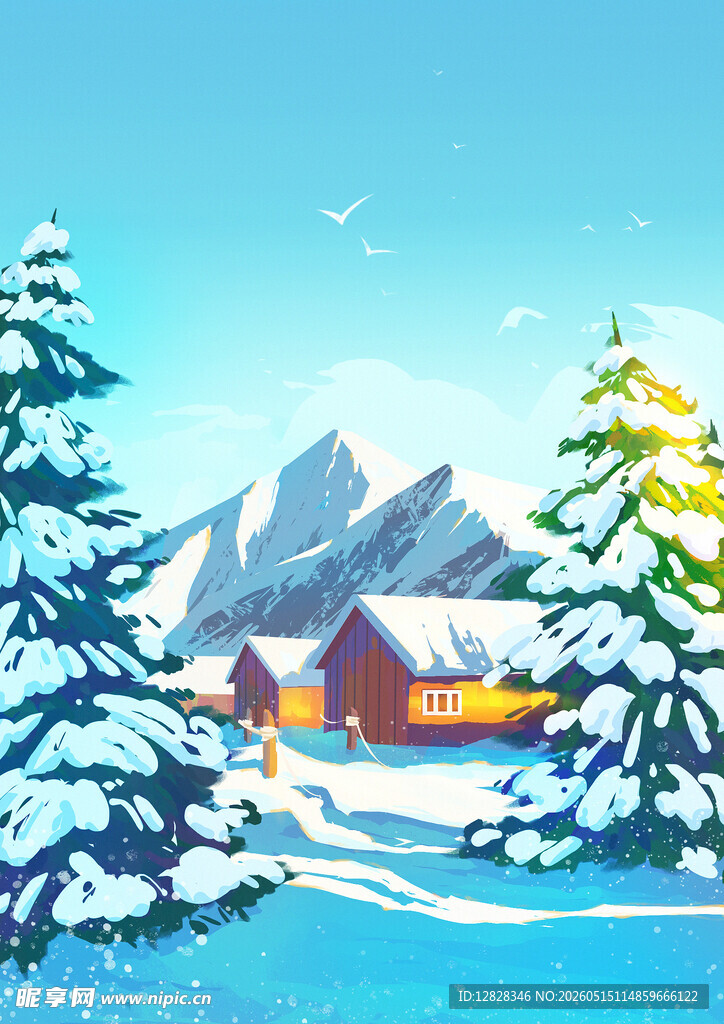 冬日雪景中的温馨小屋