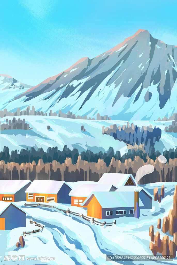 冬日山村雪景图