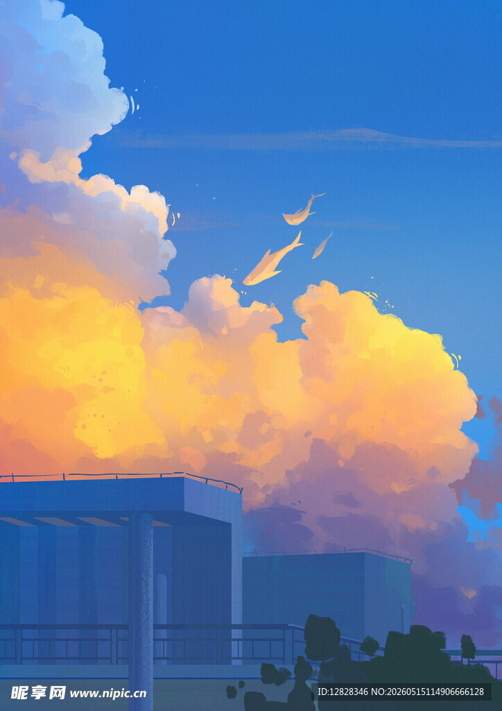 夕阳下的城市与绚丽云彩
