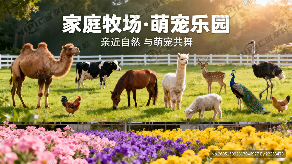 生成一张家庭牧场花海萌宠广告牌