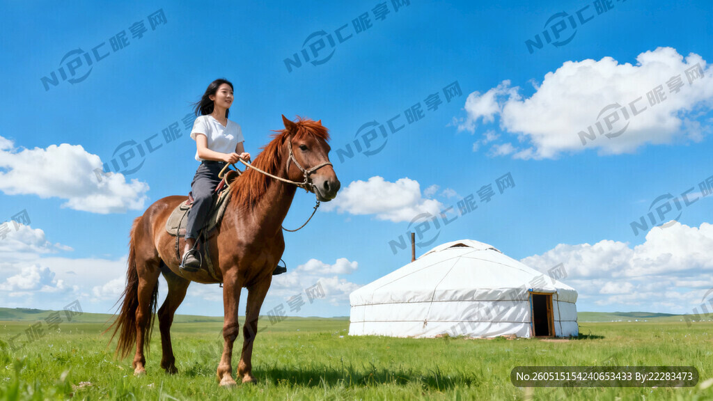 蓝天白云绿草地草原蒙古包女的骑