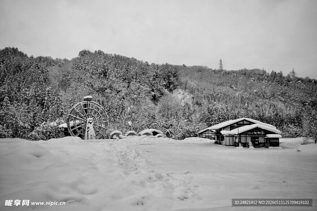 雪林夕照下的山村景象