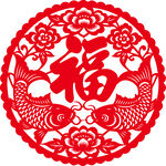 圆形福字双鱼剪纸图案