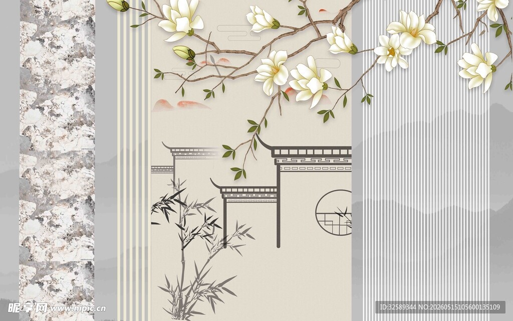 中式古风建筑与花卉景致