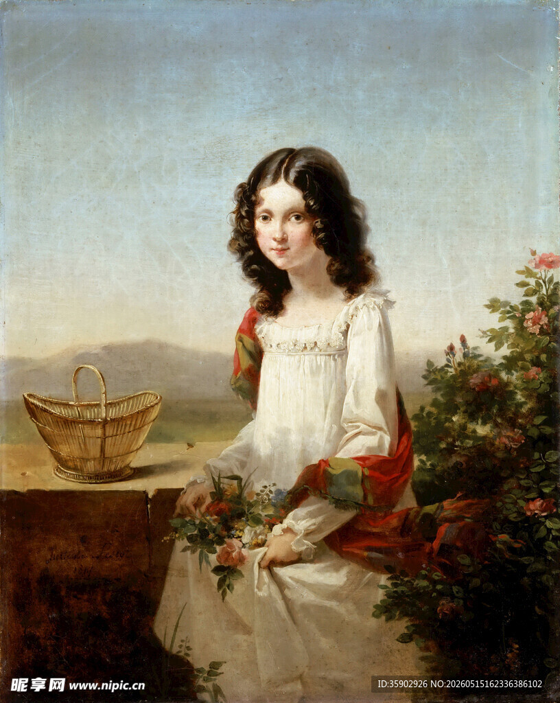 古典白衣女子与花卉场景