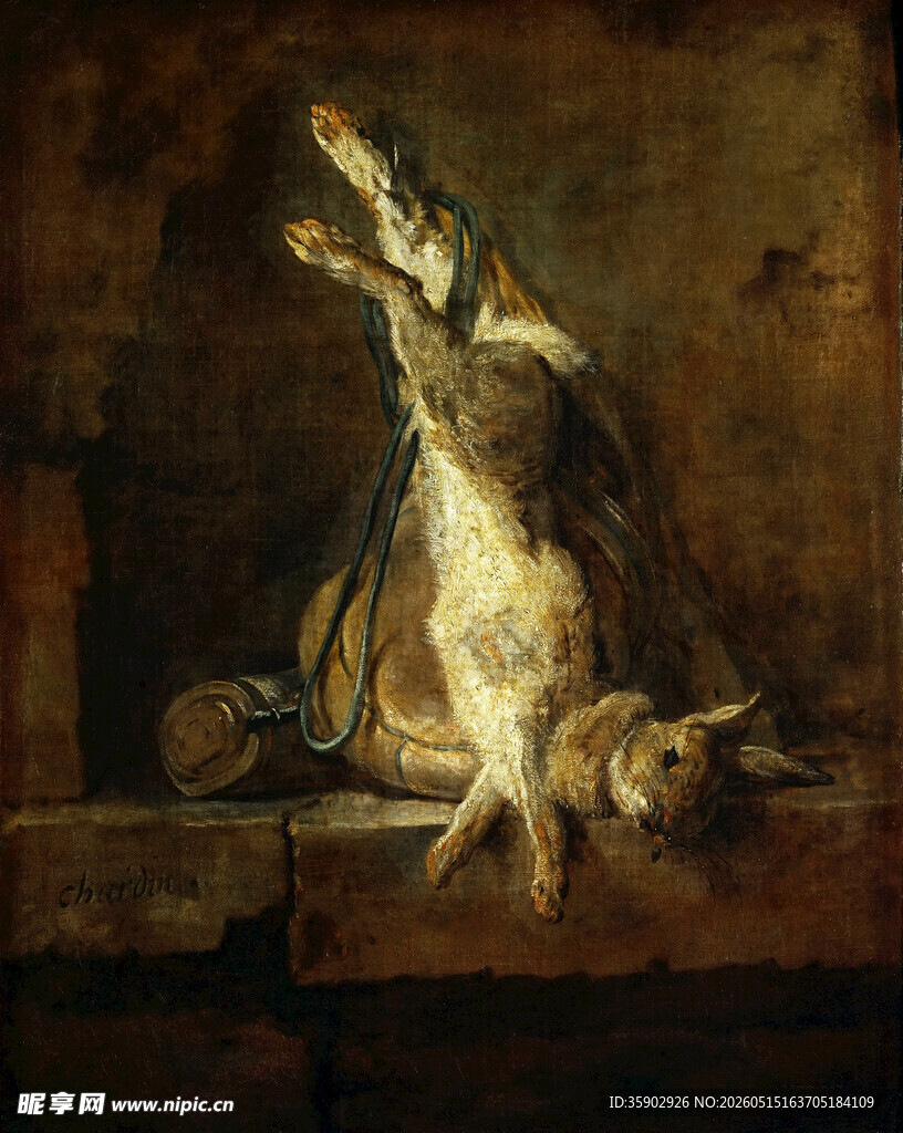 画作中坐立的猎犬