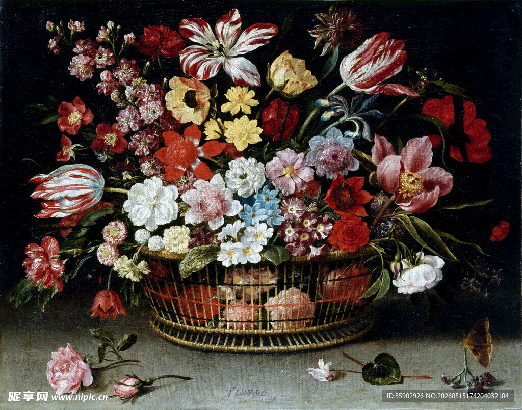 古典花篮花卉油画作品