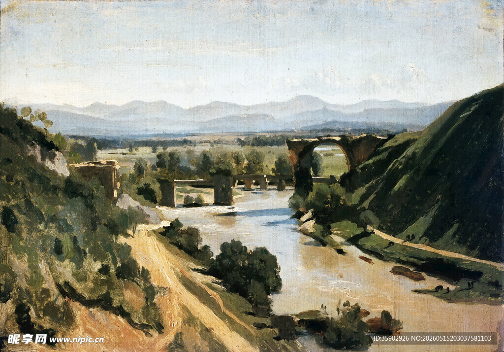 河畔山川风景油画