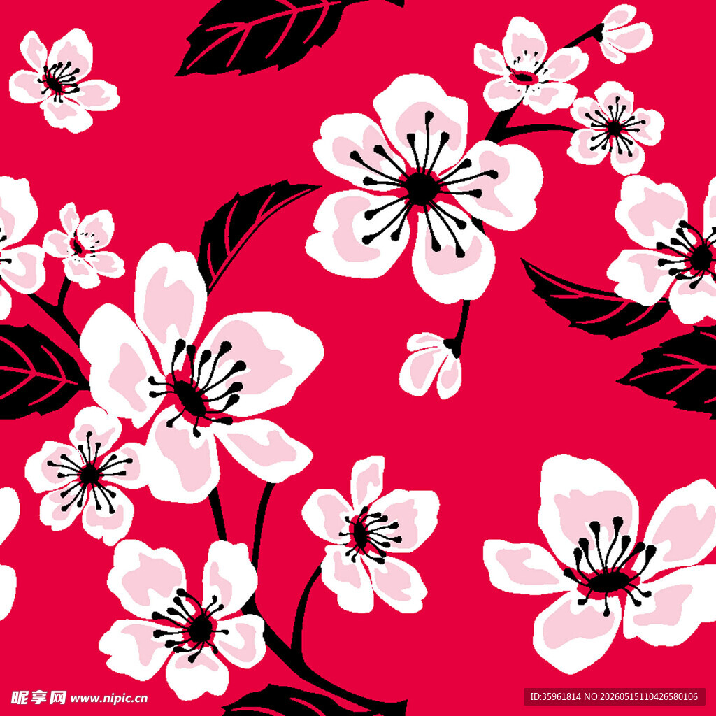 红色背景樱花图案印花