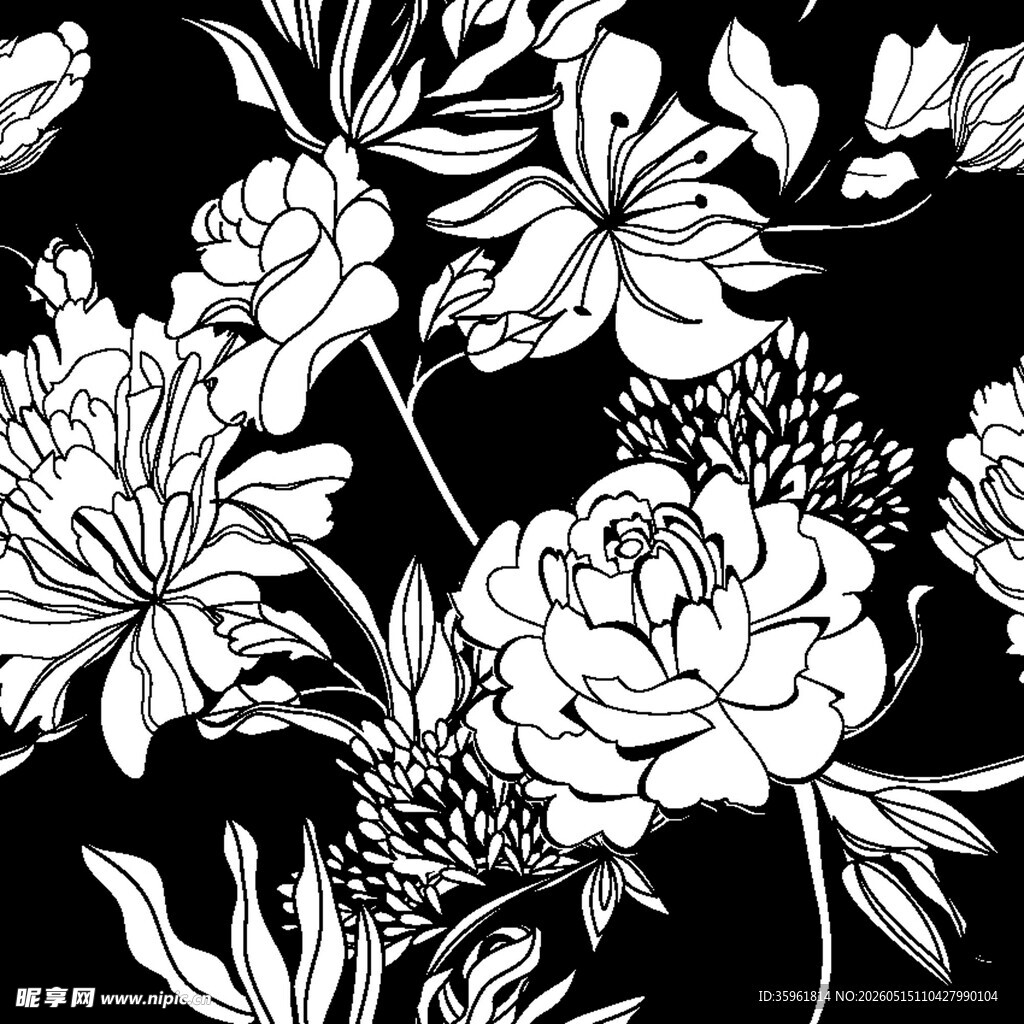 黑白花卉图案设计素材