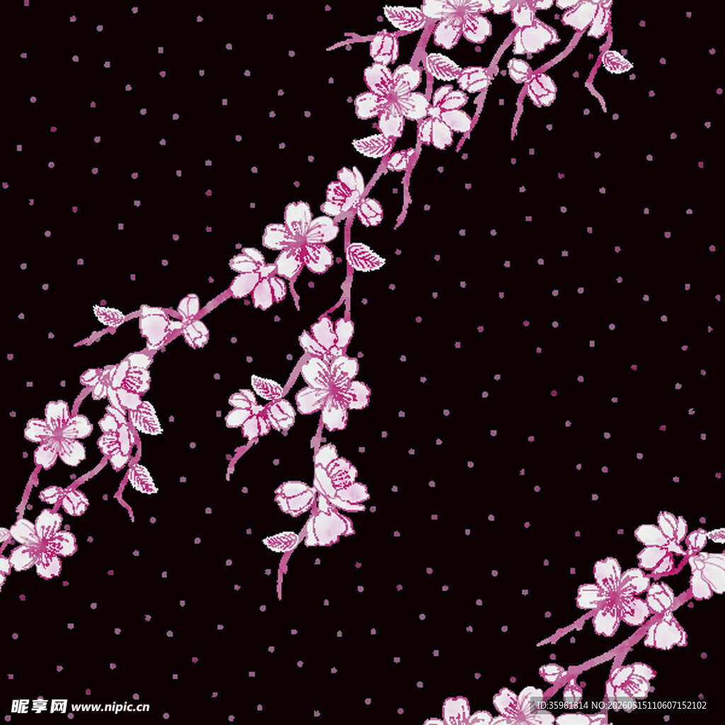 黑色背景上的粉色花枝图案