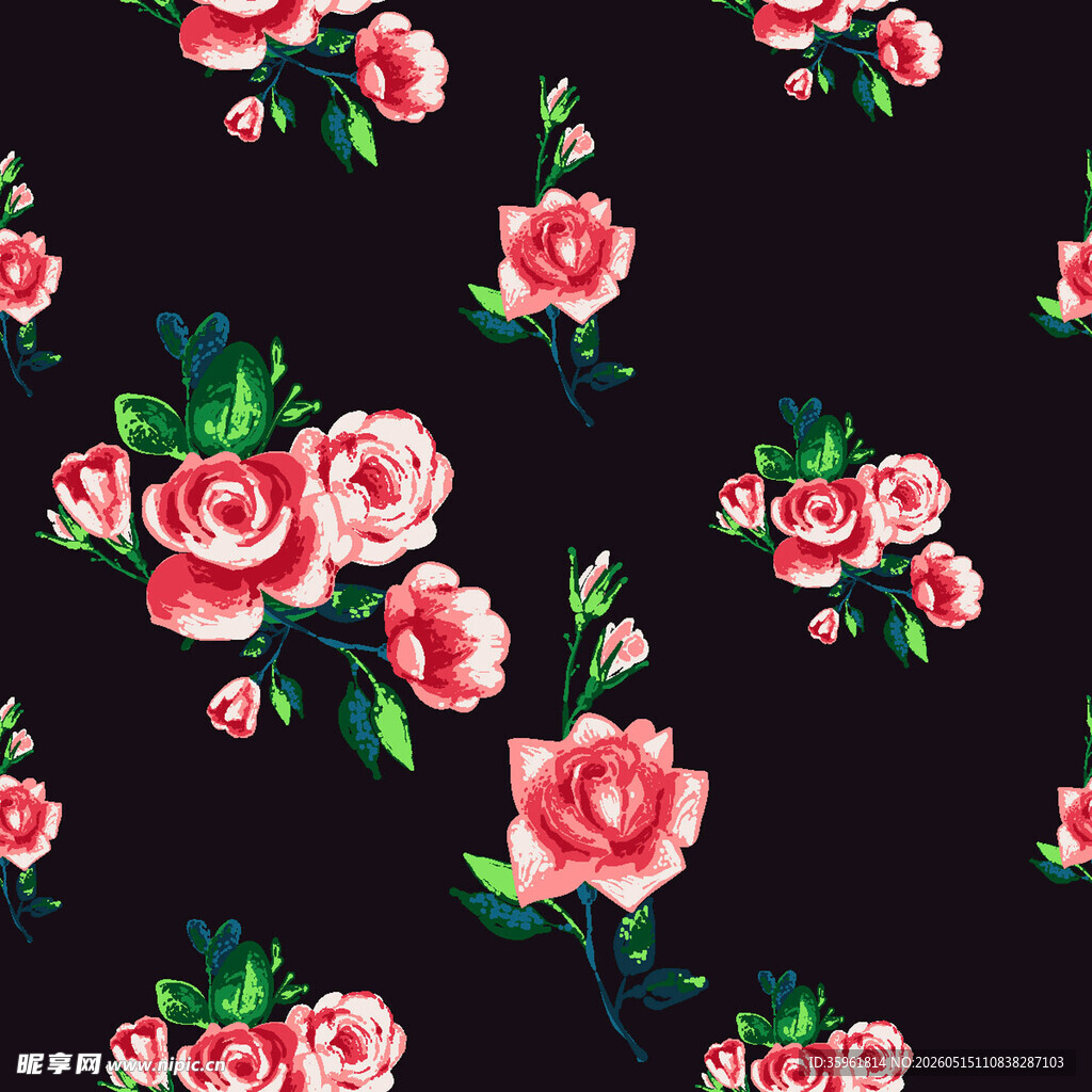 黑色底粉色花卉图案