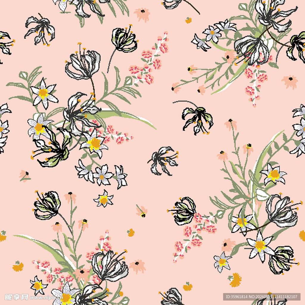 粉色花卉蜜蜂图案印花