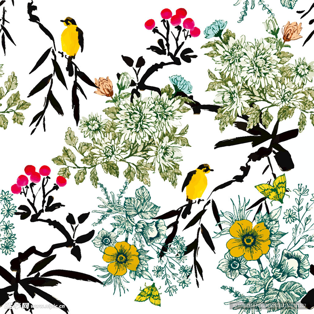 花鸟植物水彩插画图案