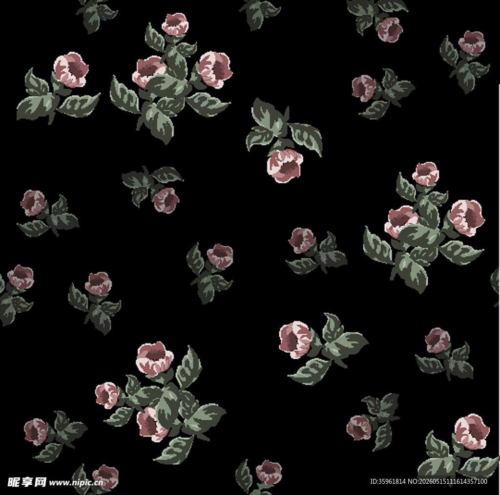 黑色底粉色玫瑰花卉图案