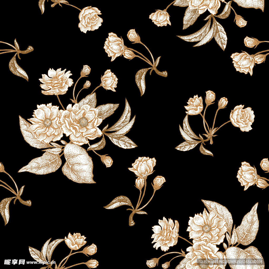 黑金花卉无缝图案背景