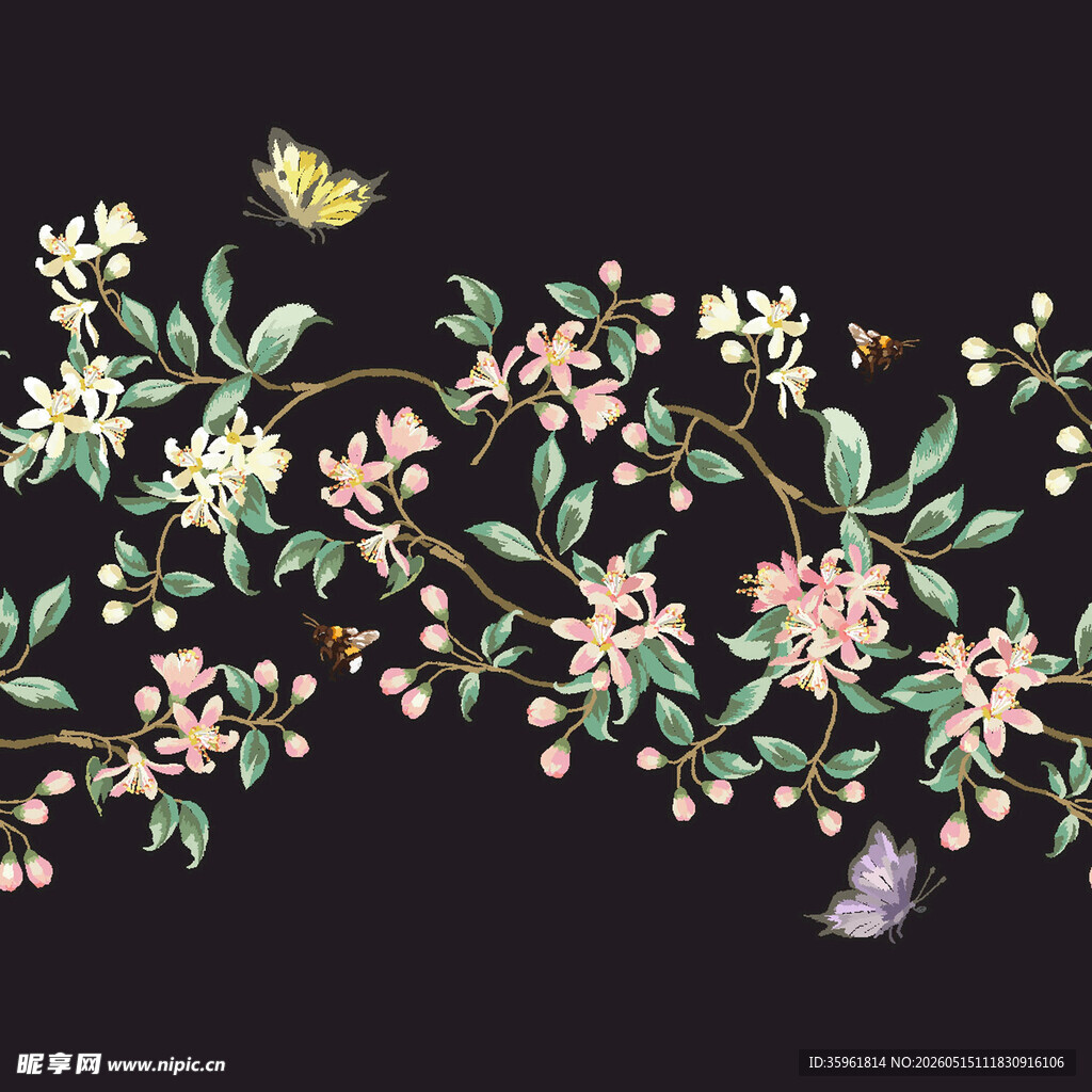 手绘花卉藤蔓与蝴蝶图案