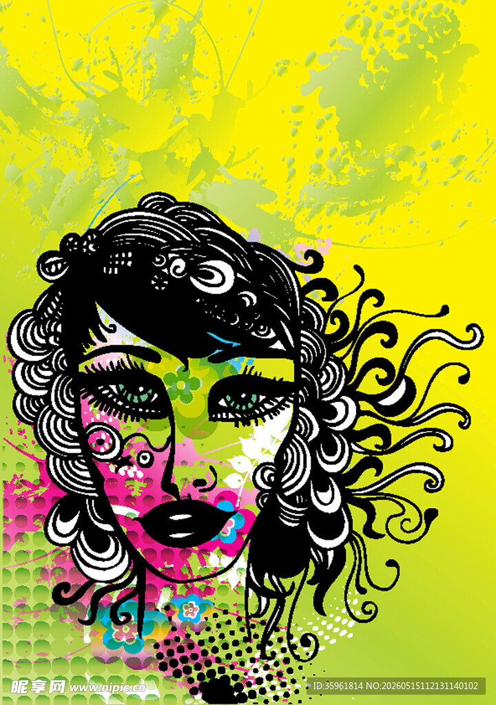 彩色卷发女性艺术插画