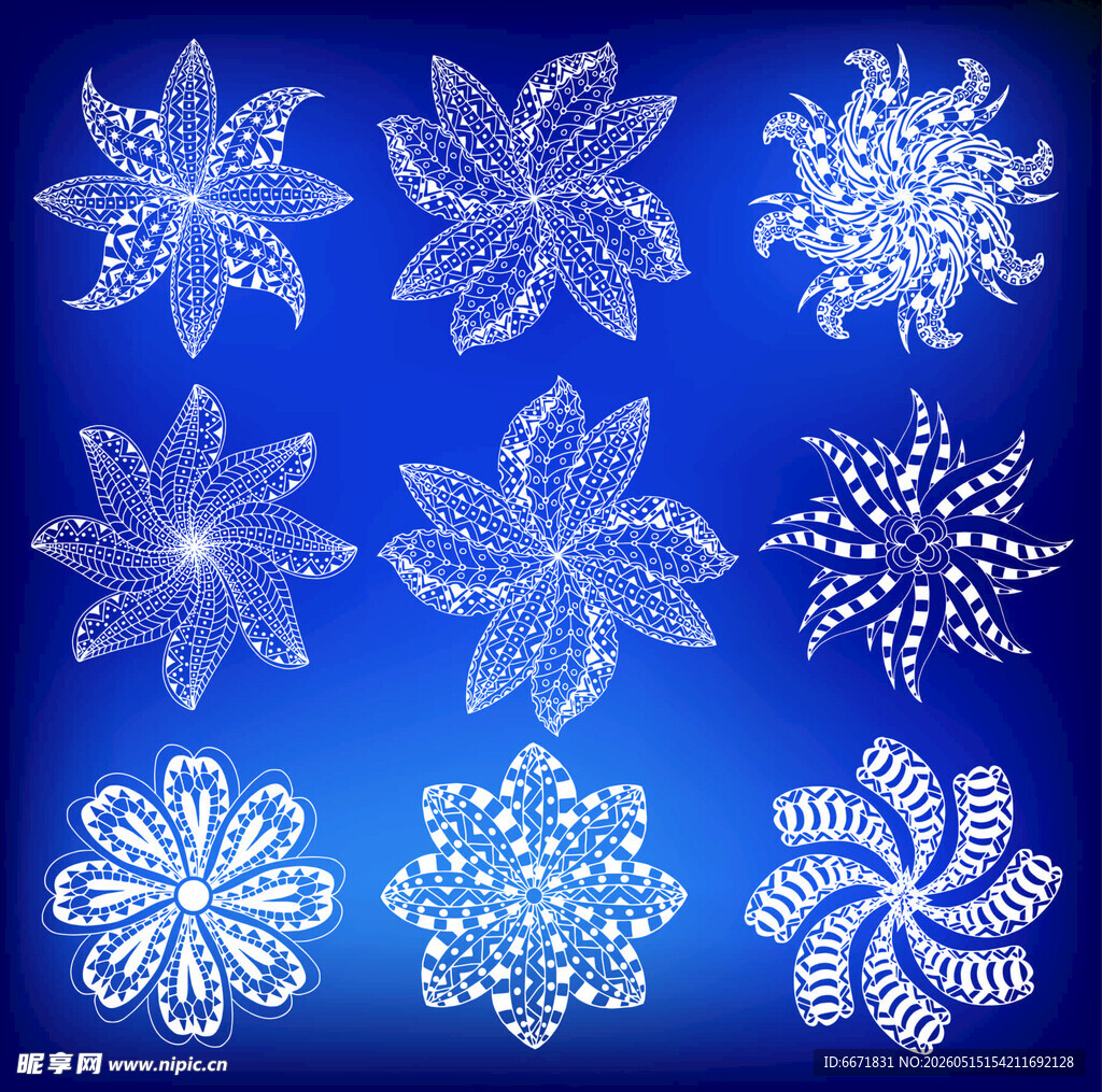 蓝色背景精致雪花图案集