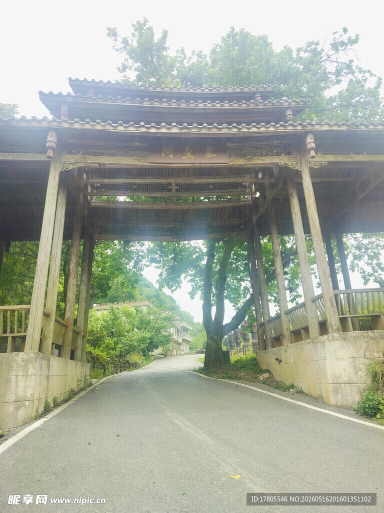 古桥横跨道路绿意环绕