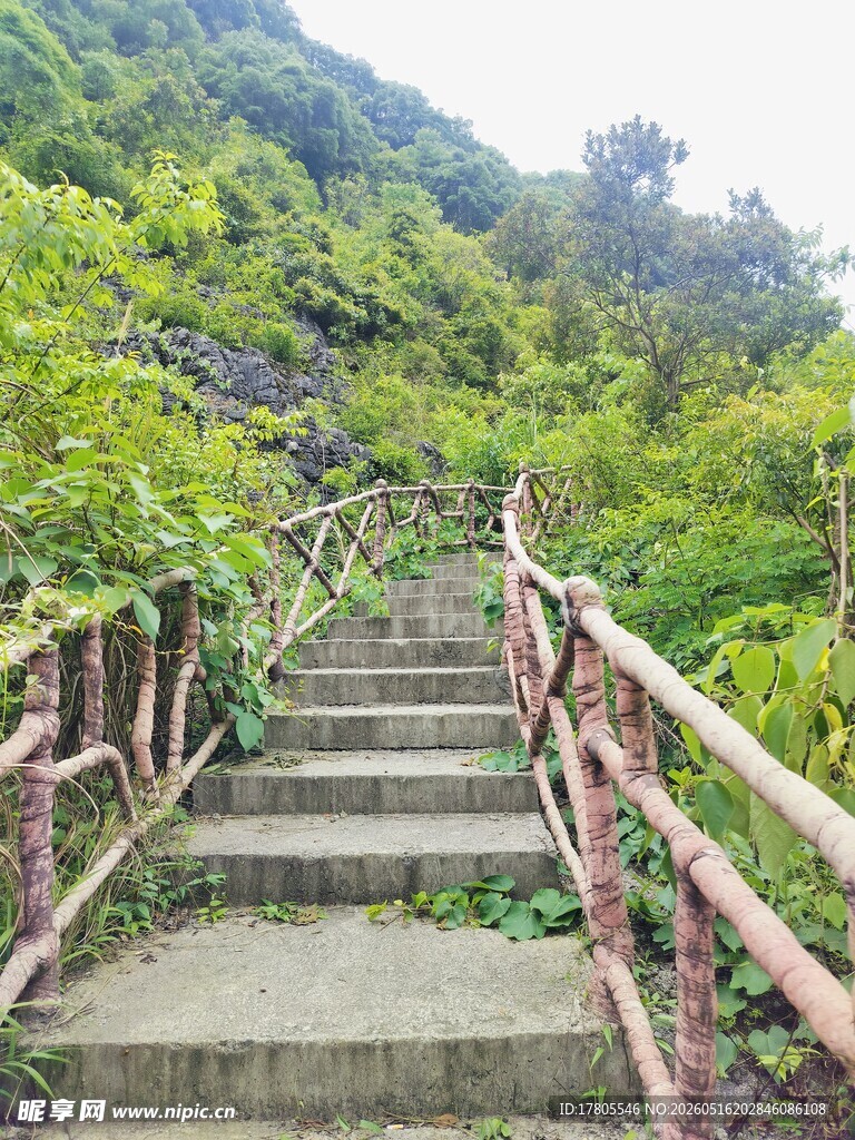 山间木栏石阶小径