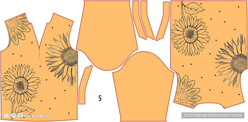 黄色花卉图案服装款式图
