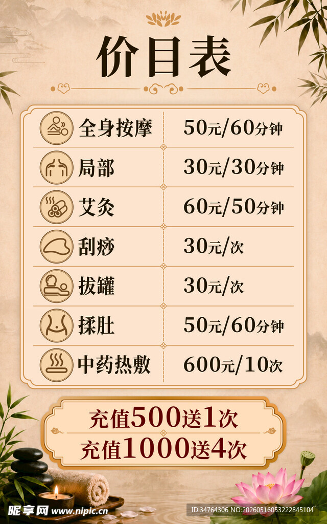 按摩店价目表
