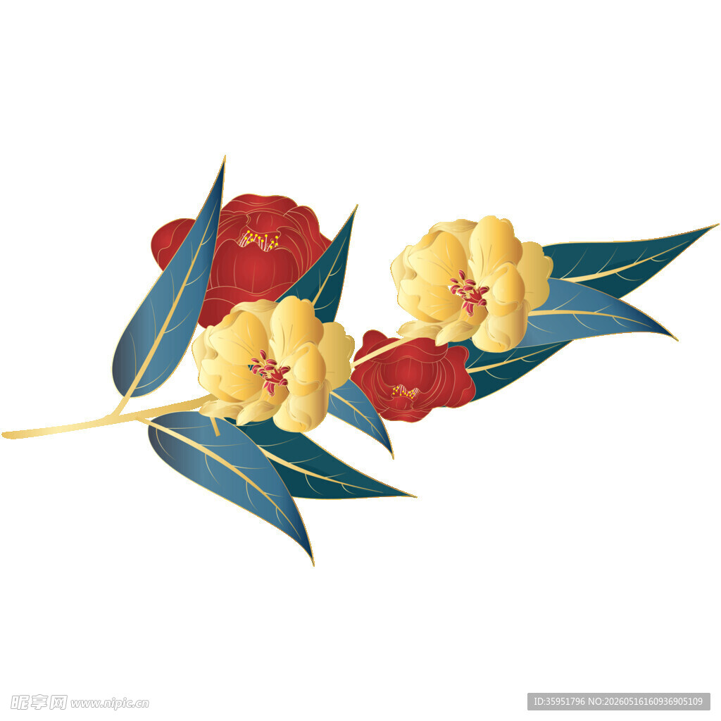 手绘红黄花卉枝叶插画