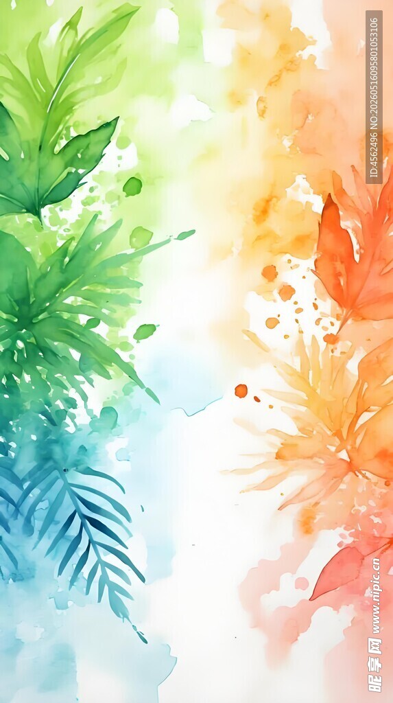 水彩绘就的多彩植物叶片
