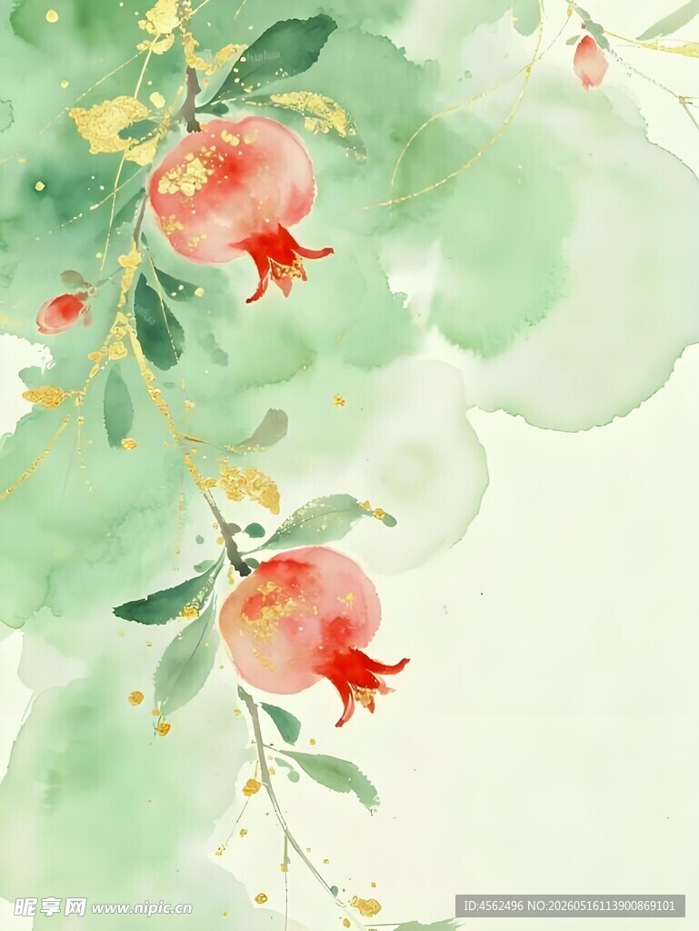 水墨风石榴花卉图