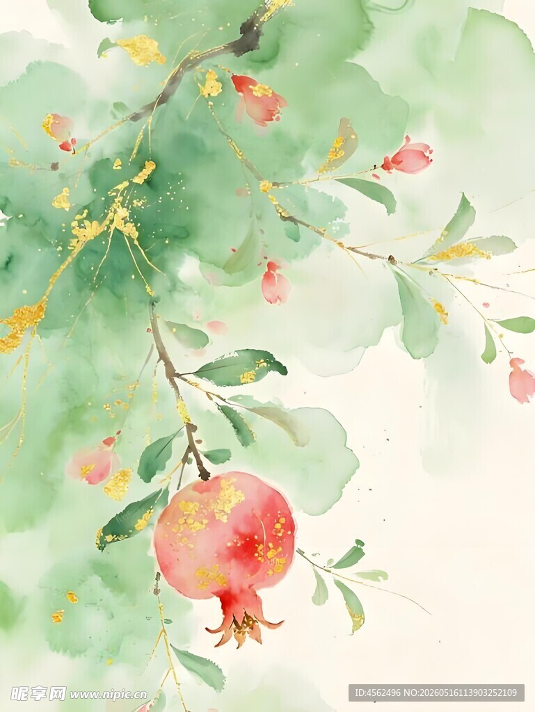 水墨风石榴花枝图