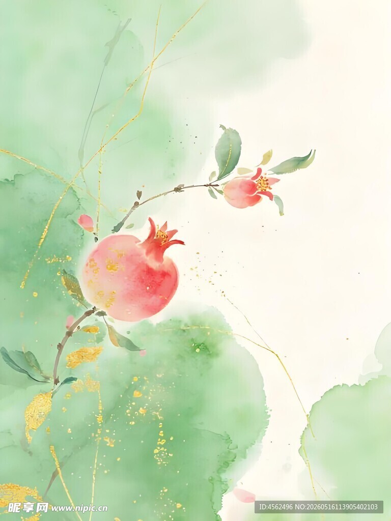 水墨风石榴花枝图