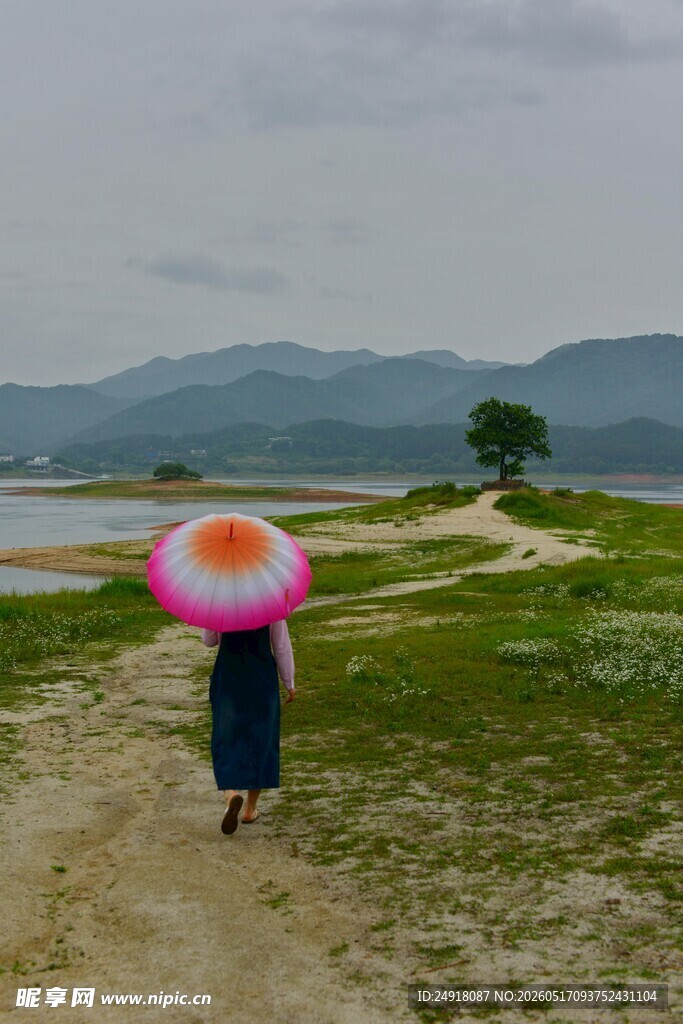 撑伞漫步于绿野山间