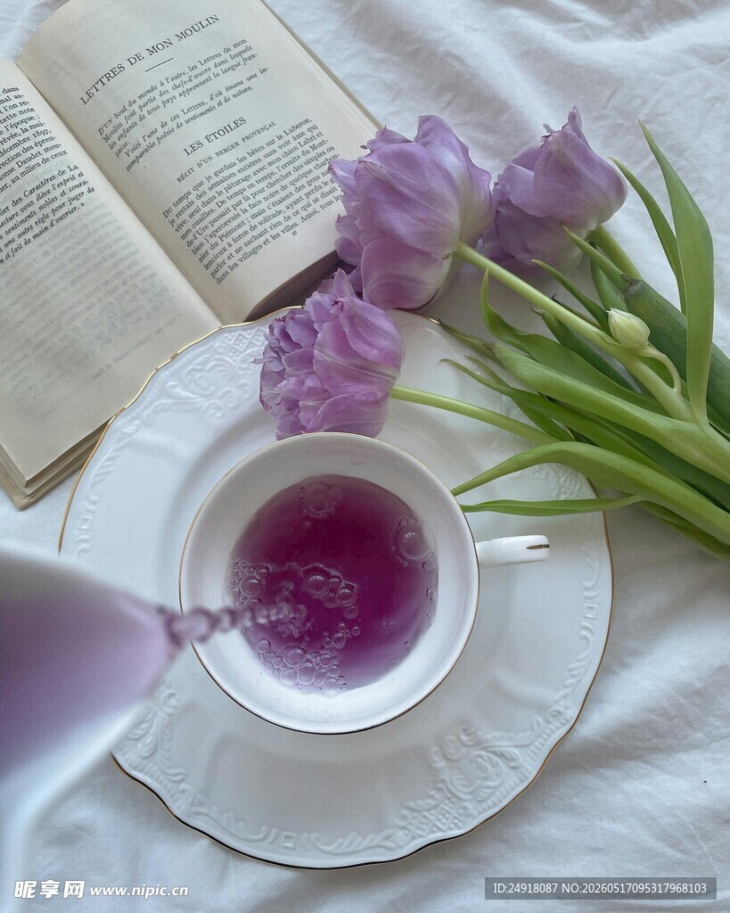紫色花茶与浪漫阅读时光