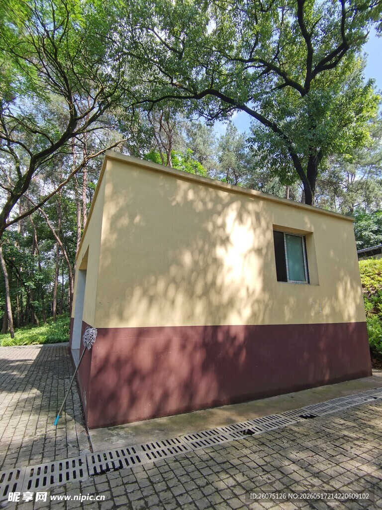 户外小屋绿树环绕的场景