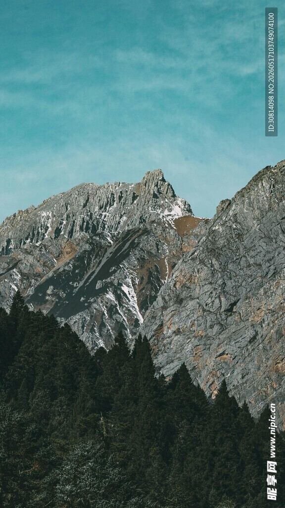 巍峨山峦与葱郁林木景观