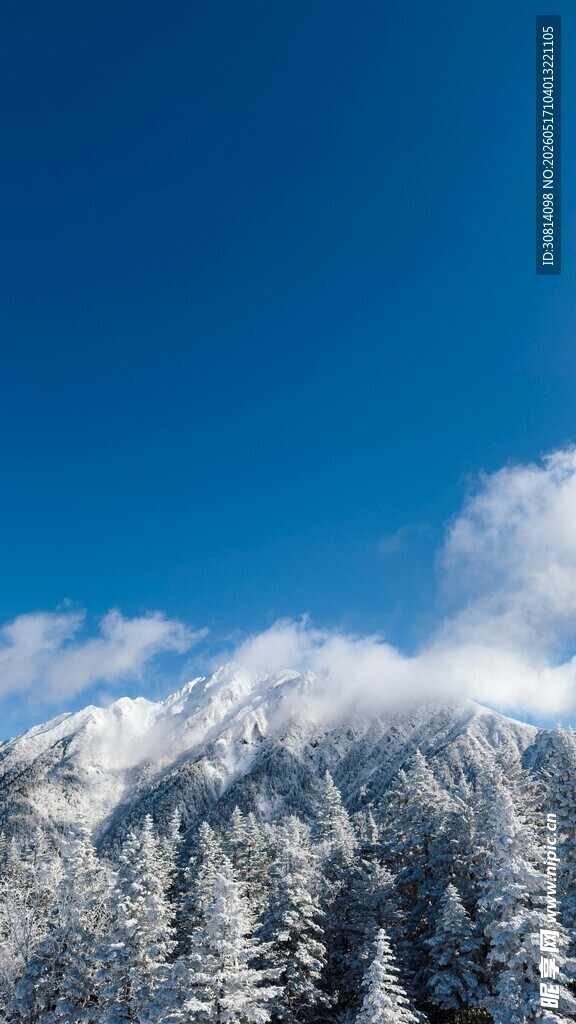 雪覆山林与蓝天美景