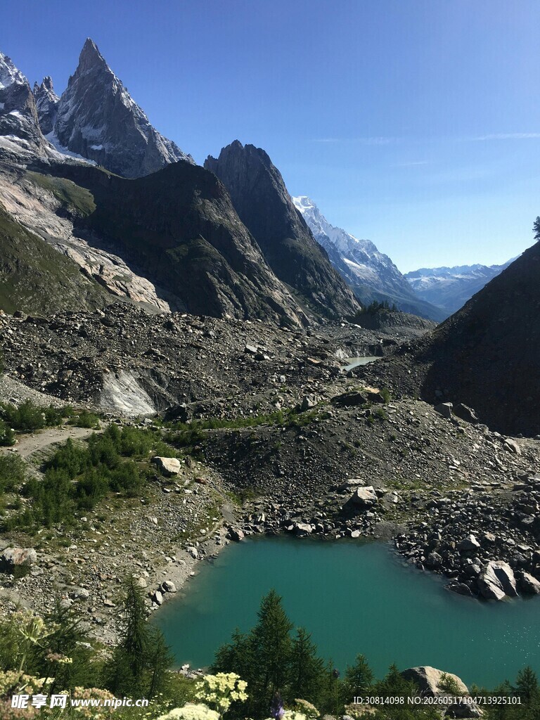 高山下的碧绿湖泊美景