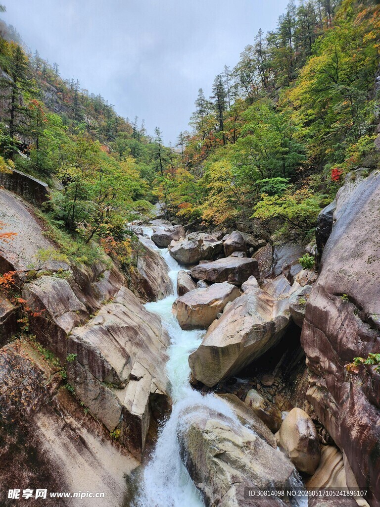 山间溪流穿岩石之景