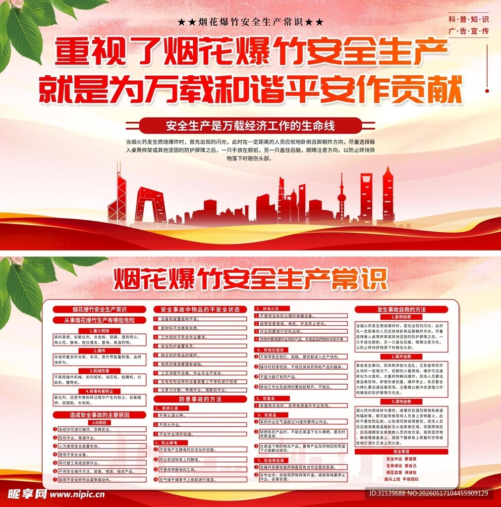 红色烟花爆竹安全生产常识展板