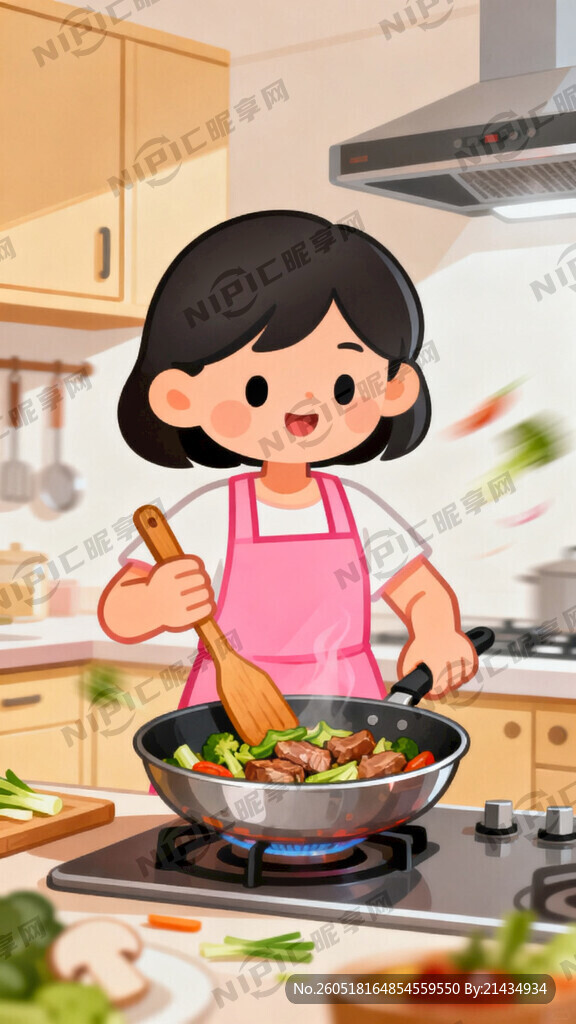 卡通厨娘 在厨房炒菜