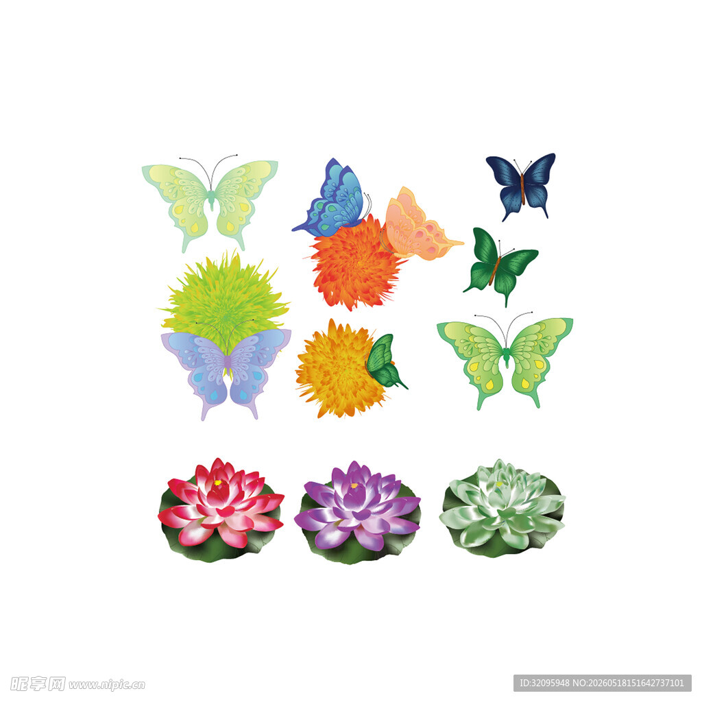 梦幻蝴蝶花卉矢量素材