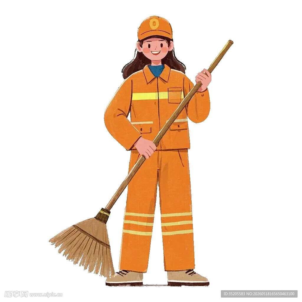 环卫女工持扫帚站立形象